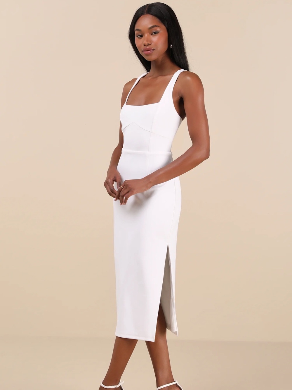 Lulu's White Square-Neck Midi Dress with Side Slit